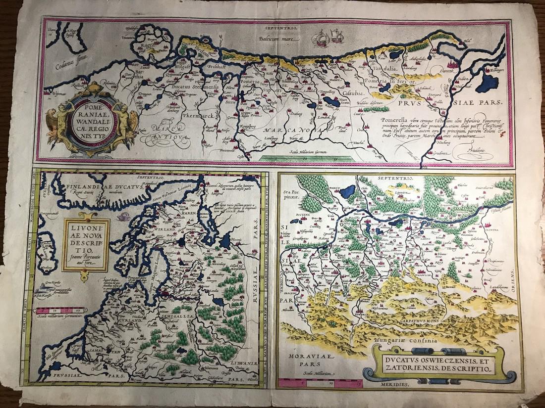 Ortelius Antique Map: Livoniae, Pomeraniae: Title/Content of Map: Livoniae, Pomeraniae Date Printed: 1574 Cartographer: Abraham Ortelius Material/Medium: Hand color, thick paper. Latin text on verso. From the first modern atlas- the Theatrum Or