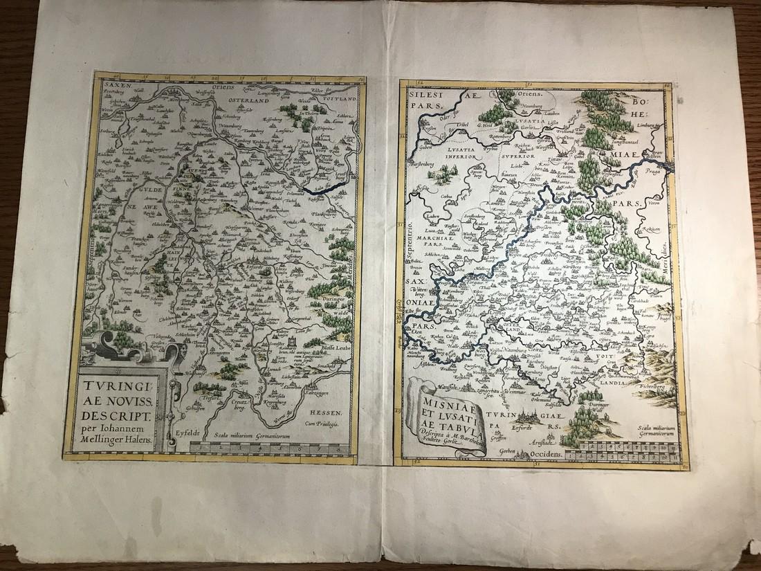 Ortelius Antique Map: Turingiae, Misniae et Lusatiae: Title/Content of Map: Turingiae, Misniae et Lusatiae Date Printed: 1574 Cartographer: Abraham Ortelius Material/Medium: Hand color, thick paper. Latin text on verso. From the first modern atlas- the T