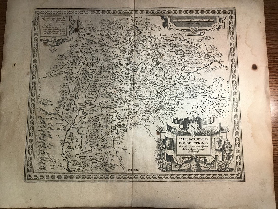 Ortelius Antique Map: Salisburgensis Iurisdictionis: Title/Content of Map: Salisburgensis Iurisdictionis Date Printed: 1608/1612 Cartographer: Abraham Ortelius Material/Medium: No color, strong impression, thick paper - 1608/1612 - Italian text on verso