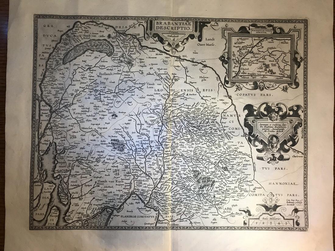 Ortelius Antique Map: Brabantiae Discriptio: Title/Content of Map: Brabantiae Discriptio Date Printed: 1595 Cartographer: Abraham Ortelius Material/Medium: No color, strong impression, thick paper. Latin text on verso. From the first modern atla