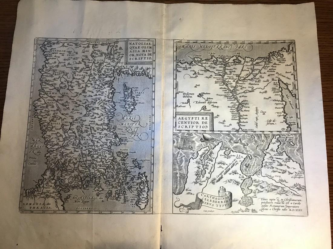 Ortelius Antique Map: Aegypti – Carthaginis - Natoliae: Title/Content of Map: Aegypti – Carthaginis - Natoliae Date Printed: 1592 Cartographer: Abraham Ortelius Material/Medium: No color, strong impression, thick paper. Latin text on verso. From the firs