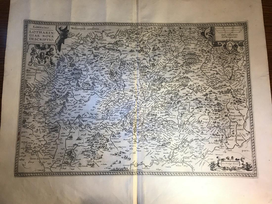 Ortelius Antique Map: Lorraine - Lotharingiae: Title/Content of Map: Lorraine - Lotharingiae Date Printed: 1592 Cartographer: Abraham Ortelius Material/Medium: No color (save two tiny areas of red strapwork coloring on left margin), strong impress