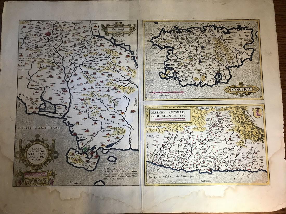 Ortelius Antique Map: Senensis Ditionis, Corsica,: Title/Content of Map: Senensis Ditionis, Corsica, Marcha Aconae Date Printed: 1575 Cartographer: Abraham Ortelius Material/Medium: Hand color, strong impression, thick papr. Latin text on verso. From 