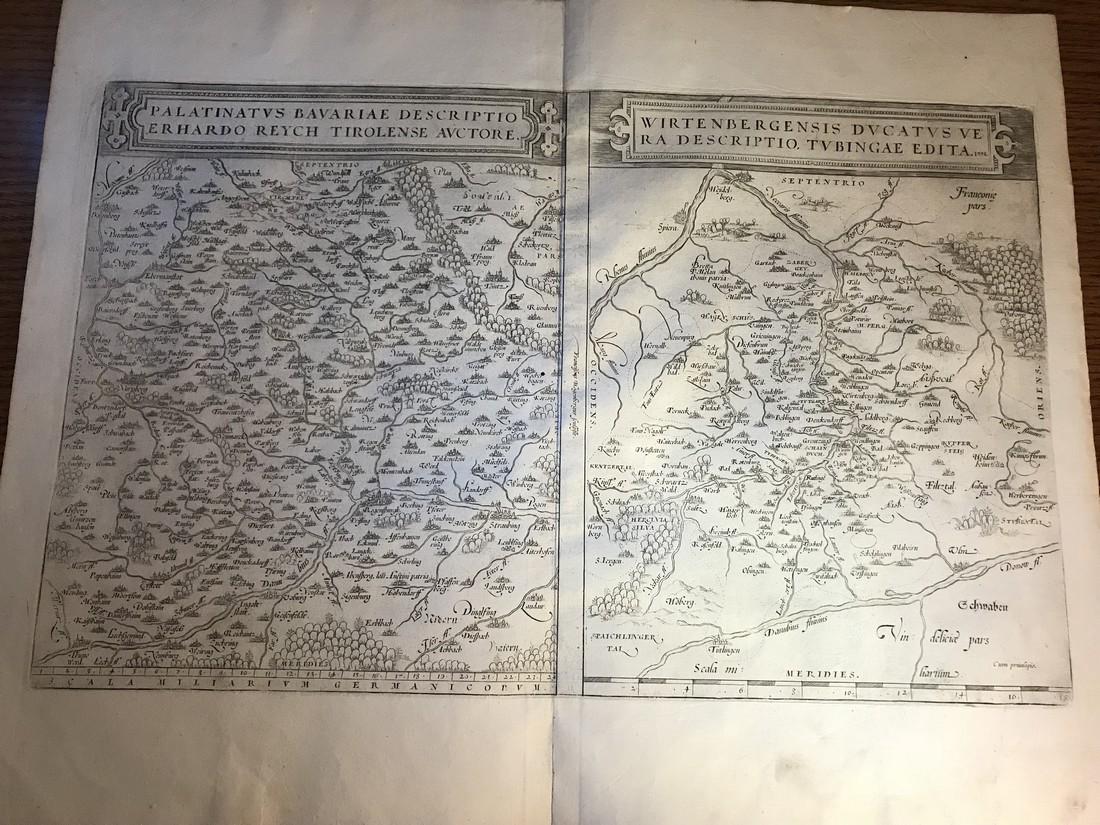 Ortelius Antique Map: Palatinatus Bavariae,: Title/Content of Map: Palatinatus Bavariae, Wirtenbergensis Ducatus Date Printed: 1579 Cartographer: Abraham Ortelius Material/Medium: No color. Latin text on verso. From the first modern atlas- the T