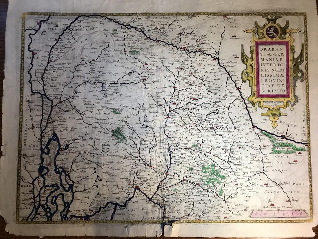 Ortelius Antique Map: Brabantiae Germaniae Inferioris: Title/Content of Map: Brabantiae Germaniae Inferioris Date Printed: 1579 Cartographer: Abraham Ortelius Material/Medium: No color, strong impression. Latin text on verso. From the first modern atlas- 