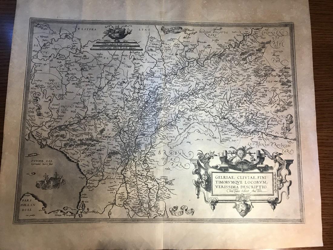 Ortelius Antique Map: Gelriae, Cliviae, Finitimorumque: Title/Content of Map: Gelriae, Cliviae, Finitimorumque Locorum Verissima Descriptio Date Printed: 1592 Cartographer: Abraham Ortelius Material/Medium: No color, strong impression. Latin text on verso.