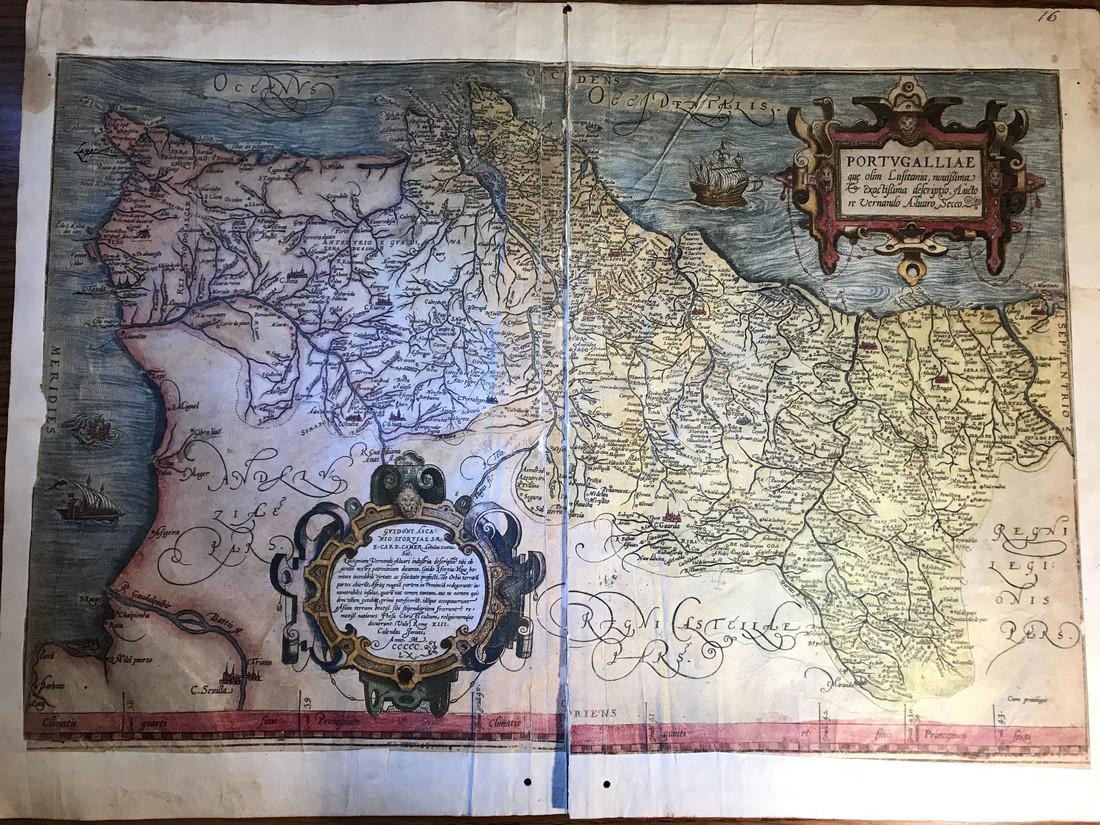 Ortelius Antique Map: Portugalliae: Title/Content of Map: Portugalliae Date Printed: 1588 Cartographer: Abraham Ortelius Material/Medium: Hand color, strong impression. Spanish text on verso. From the first modern atlas- the Theatrum Or