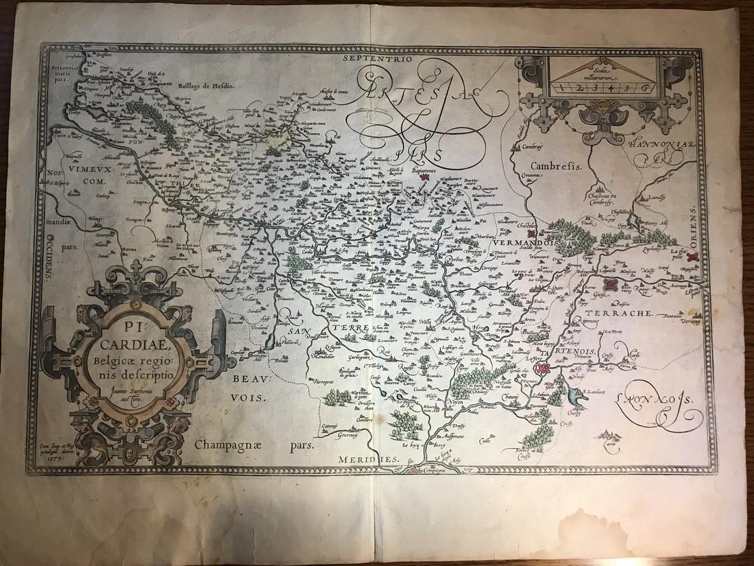 Ortelius Antique Map: Picardiae Belgica Regionis: Title/Content of Map: Picardiae Belgica Regionis Descriptio Date Printed: 1602 Cartographer: Abraham Ortelius Material/Medium: Hand color, good impression. Spanish text on verso. From the first modern