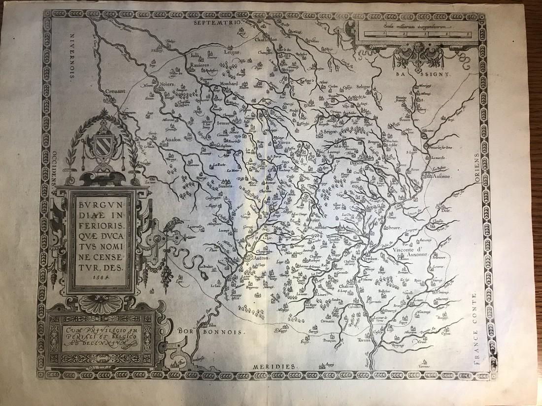 Ortelius Antique Map: Burgundiae Inferioris Que: Title/Content of Map: Burgundiae Inferioris Que Ducatus Nomine Censetur Des. Date Printed: 1588 Cartographer: Abraham Ortelius Material/Medium: No color. Spanish text on verso. From the first modern a