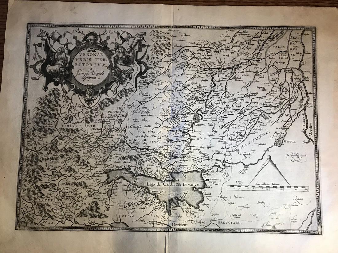 Ortelius Antique Map: Veronae Urbis Territorium: Title/Content of Map: Veronae Urbis Territorium Date Printed: 1588 Cartographer: Abraham Ortelius Material/Medium: No color. Spanish text on verso. From the first modern atlas- the Theatrum Orbis Terr