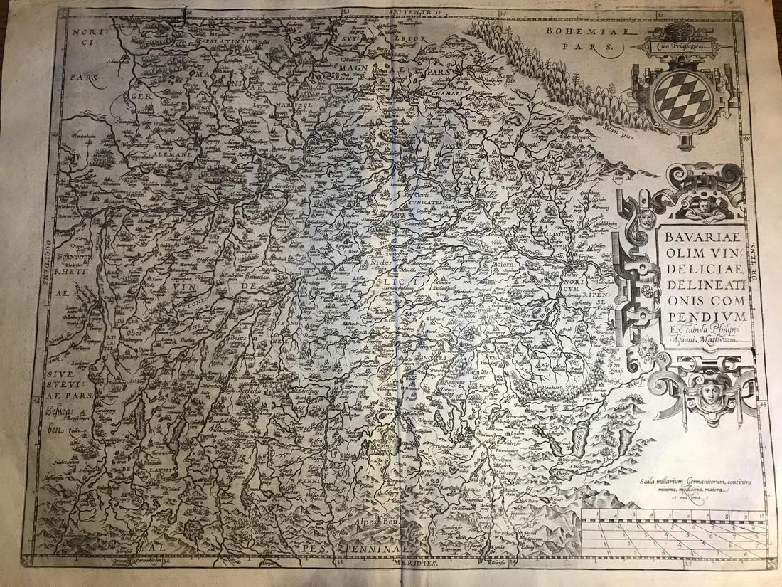Ortelius Antique Map: Bavariae Olim Vindeliciae: Title/Content of Map: Bavariae Olim Vindeliciae Delineationis Compendium Date Printed: 1588 Cartographer: Abraham Ortelius Material/Medium: No color. Spanish text on verso. From the first modern atlas