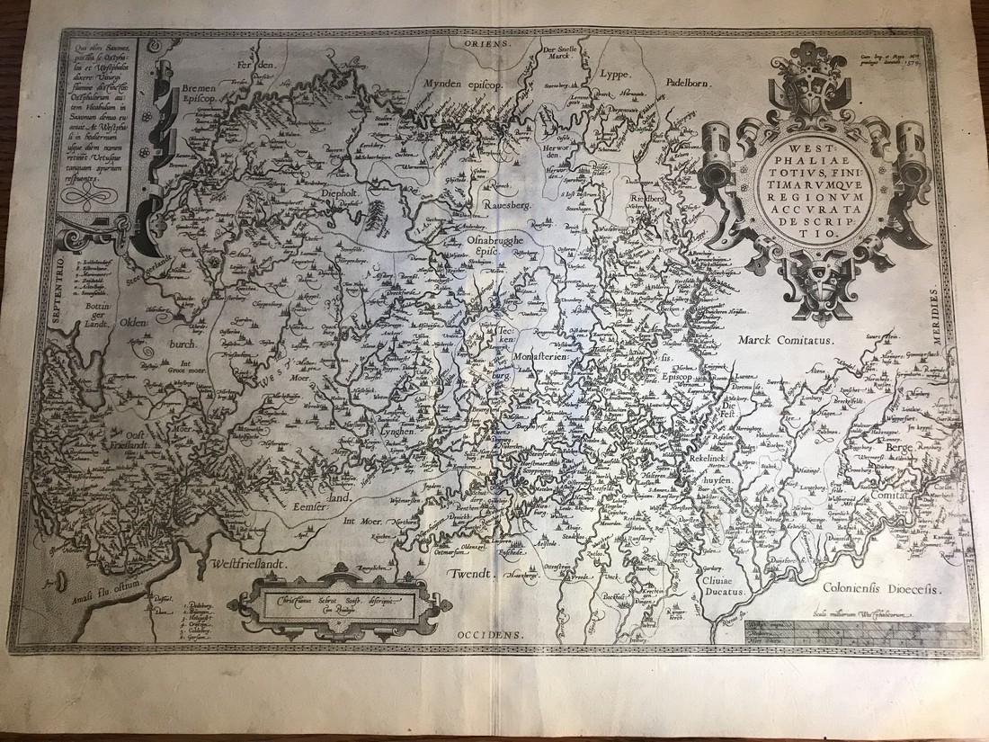 Ortelius Antique Map: Westphaliae Totius Finitimarumque: Title/Content of Map: Westphaliae Totius Finitimarumque Regionum Accurata Date Printed: 1588 Cartographer: Abraham Ortelius Material/Medium: No color, thick paper. Spanish text on verso. From the firs