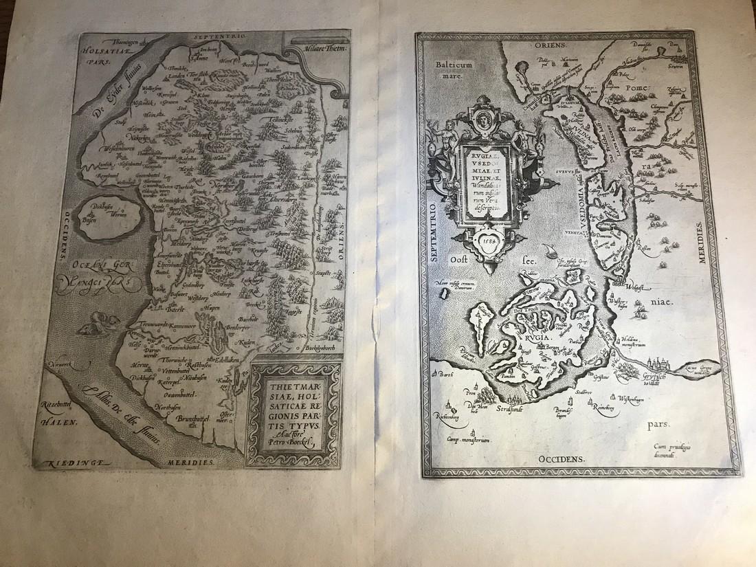 Ortelius Antique Map: Thietmarsiae Holsaticae Regionis: Title/Content of Map: Thietmarsiae Holsaticae Regionis Partis Typus, Date Printed: 1588 Cartographer: Abraham Ortelius Material/Medium: No color. Spanish text on verso. From the first modern atlas- th
