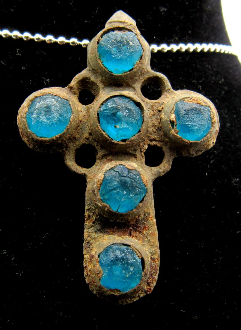 Late Medieval Bronze Cross Pendant with 6 Blue Stones (1 of 2)