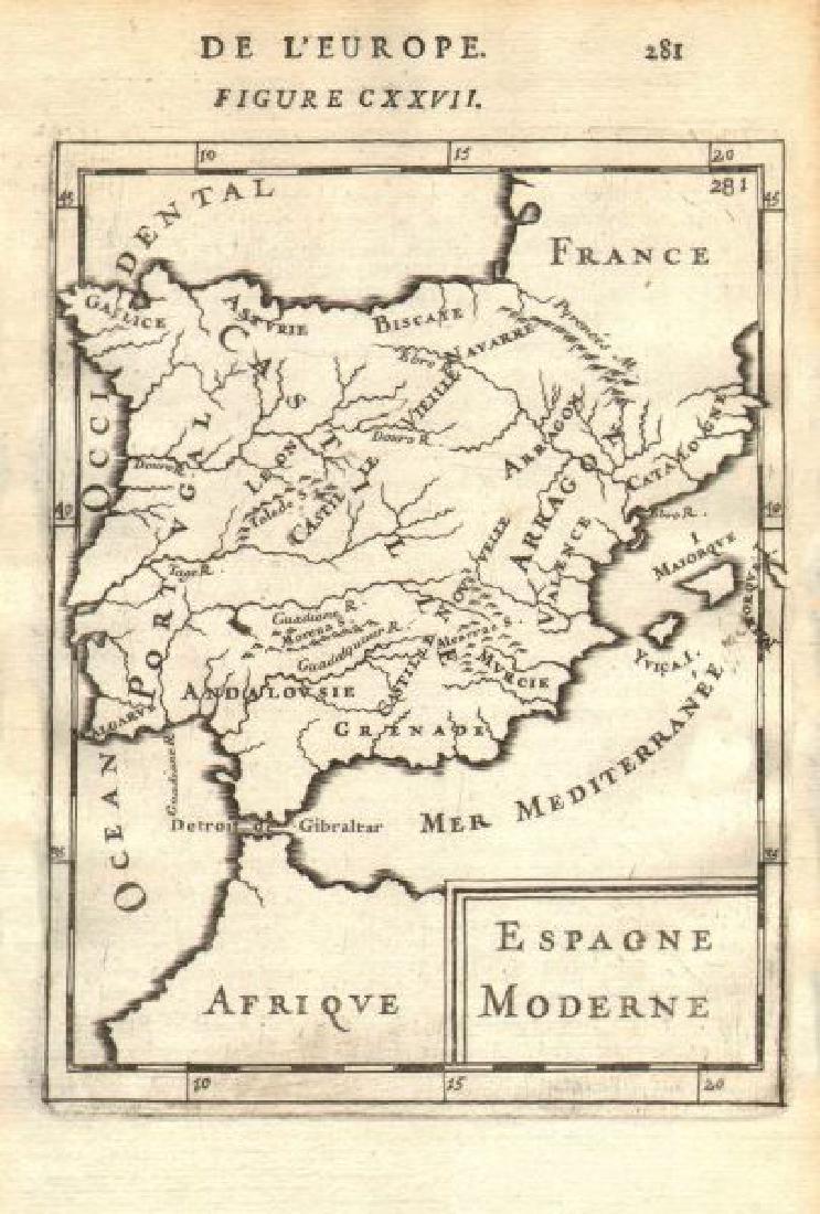 Mallet: Antique Map of Iberia, Spain & Portugal, 1683: Title of the Map: 'Espagne Moderne' IBERIA. Spain & Portugal showing regions. Date Printed: 1683 Image Size: Approx Overall page size 13 x 21cm approximately (5 x 8 inches); image size 10.5 x 14.5cm a