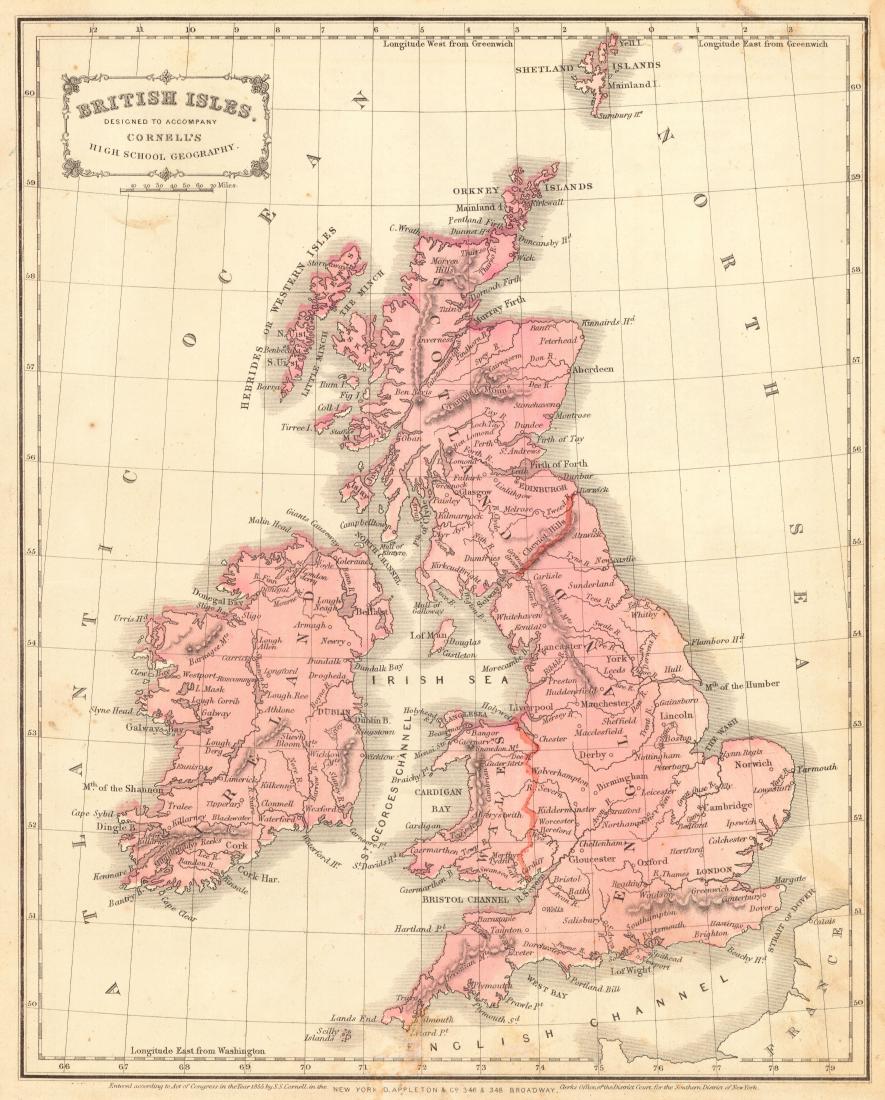 Cornell: Antique Map of the British Isles, 1856: Title/Content of Map: British Isles Date Printed: 1857 Cartographer: CORNELL, SARAH SOPHIA Publisher: D. APPLETON 1857 NEW YORK Size: Folio – 12.3 H x 10 W Inches "designed to accompany Cornell's Hi