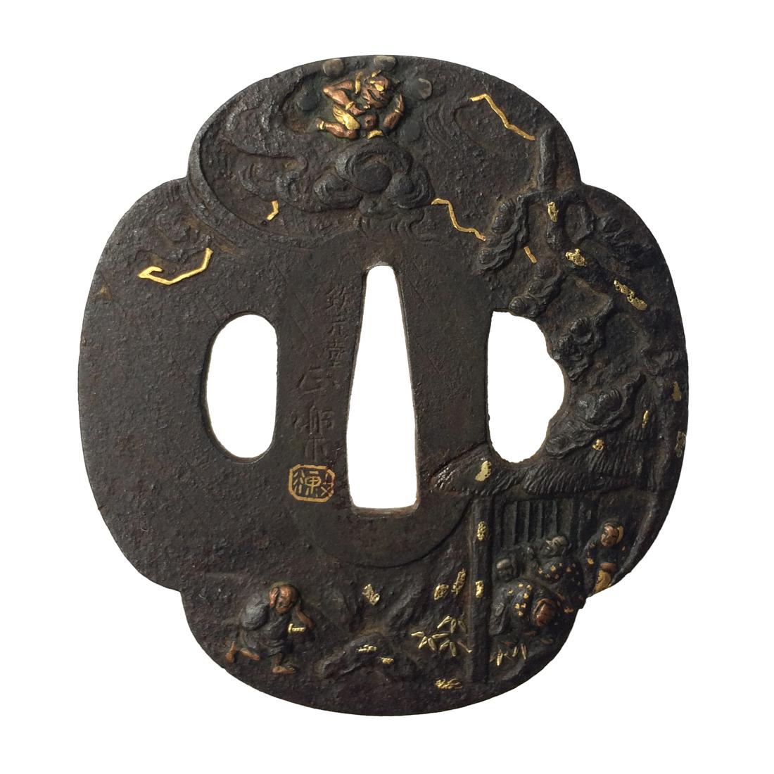 Signed iron tsuba carved and inlaid with gold, copper,: Item: Signed iron tsuba carved and inlaid with gold, copper, and shakudo; by Tetsugendo Shoraku Origin: Japan Date: Edo period, Late 18th–early 19th century Materials: Iron, gold, copper, shakudo He