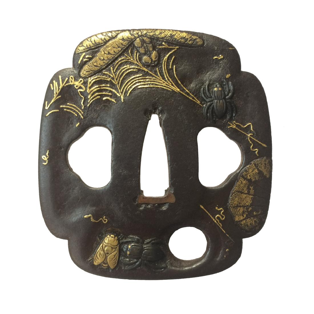 Kumagai (Edo-Higo) tsuba of iron with shakudo and gold: Item: Kumagai (Edo-Higo) tsuba of iron with shakudo and gold inlay; with NBTHK "Hozon" attestation Origin: Japan Date: Late Edo, 19th century Materials: Iron, shakud?, gold Height: 77.3 mm; Width: 72.