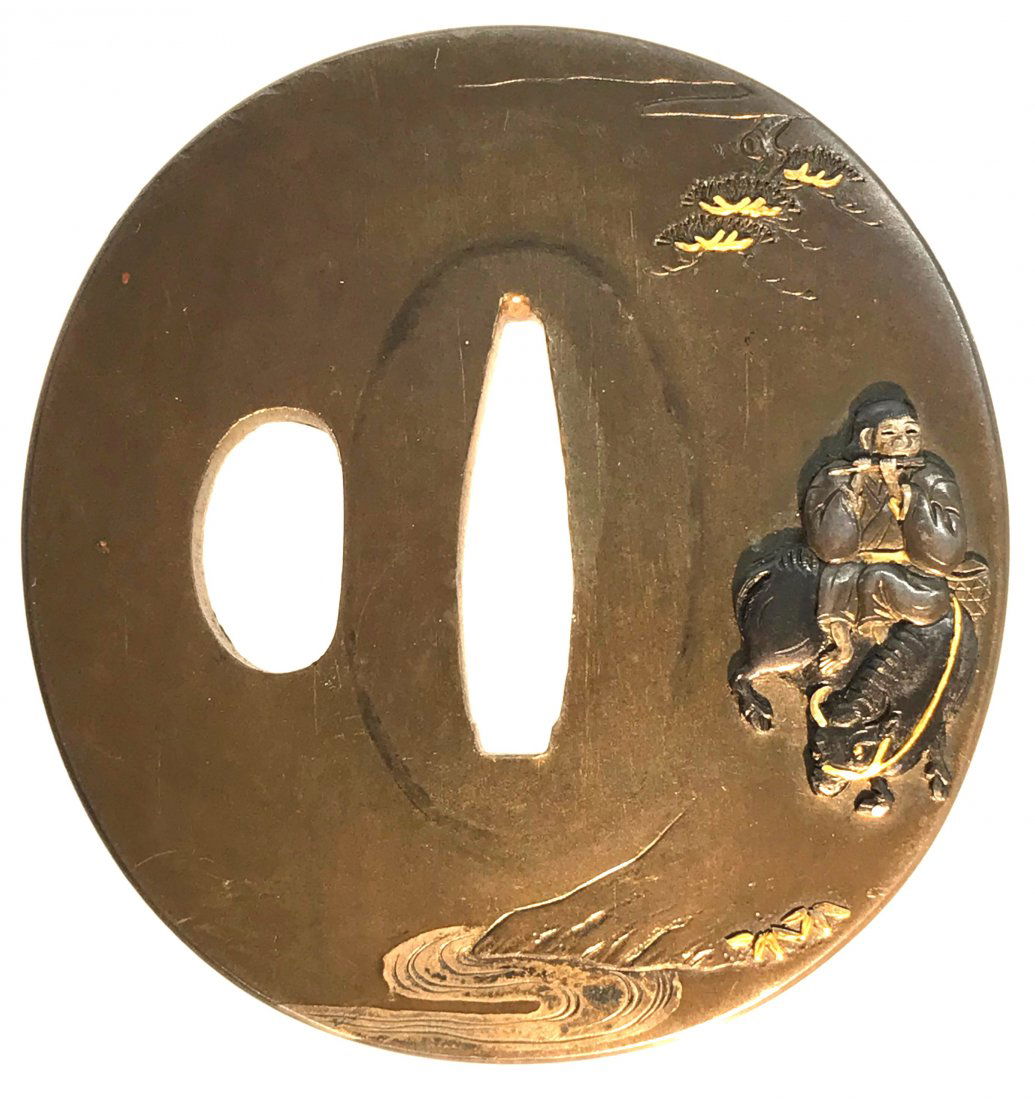 Signed kinko tsuba carved and inlaid with shakudo (1 of 2)