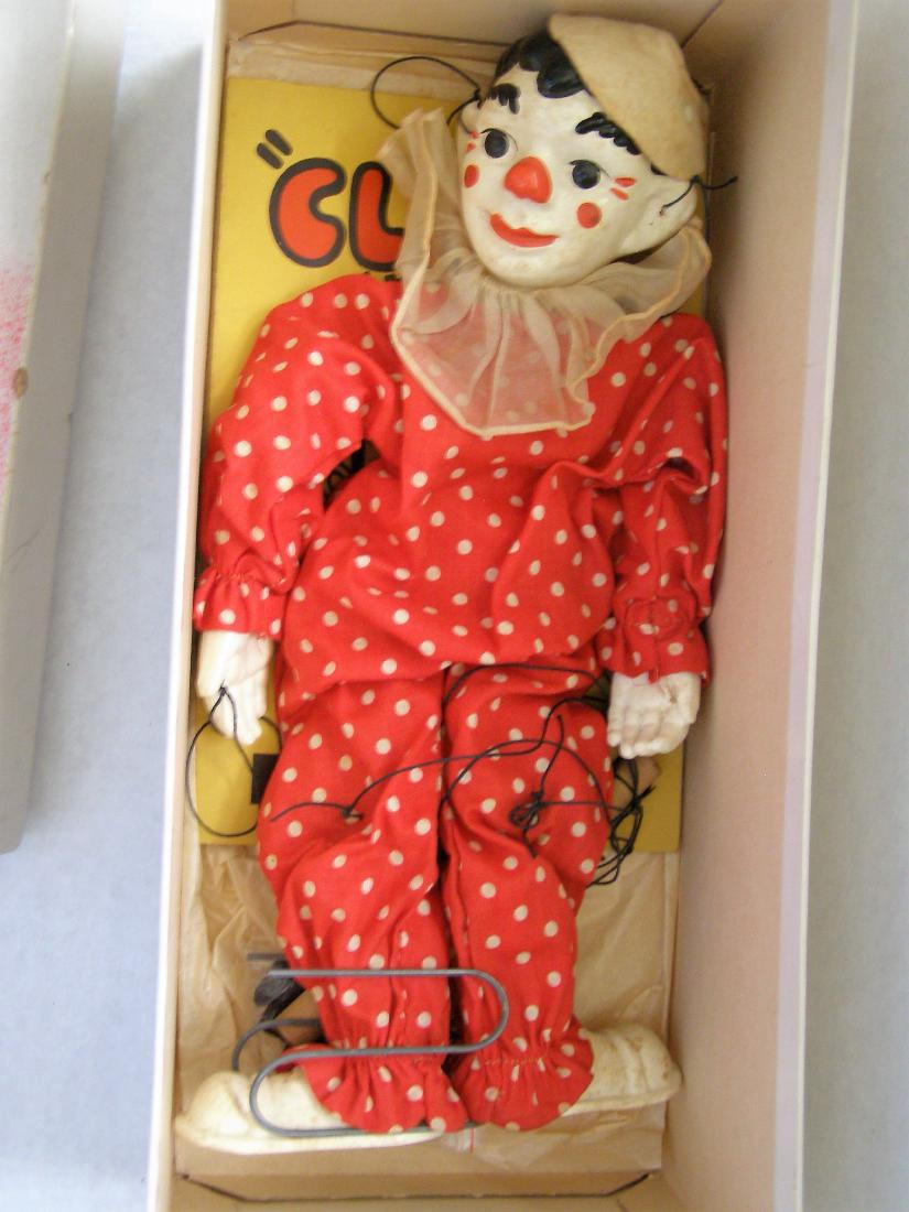 1937 Effanbee (F&B) Clippo the Clown Marionette Doll: 1930s Effanbee (F&B) Clippo the Clown Marionette! He is 14" tall. Designed by Puppeteer Virginia Curtis Austin, after her vaudeville days giving puppet performances during the late 1930s through the 1