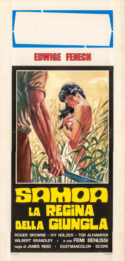 Samoa Queen of the Jungle 1968 Italian Locandina Poster: This is a 14" x 27" Italian locandina poster for the 1968 Guido Malatesta film Samoa La Regina della Giungla based on story and screenplay by Guido Malatesta and Gianfranco Clerici; starring Edwige Fe