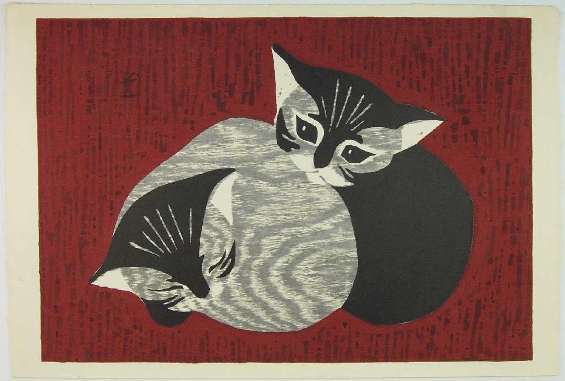 Kaoru Kawano Woodblock Two Kittens (1 of 2)