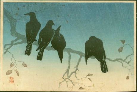 Takahashi Shotei Woodblock Crows on a Cold Night: Takahashi Shotei (Hiroaki) Crows on a Cold Night Date: Pre-1936. Size: Approximately 7.25 x 5 inches. Bears the Shotei seal. Publisher: Watanabe Shozaburo. Reference: S-19. Watanabe #173 Medium: Japan