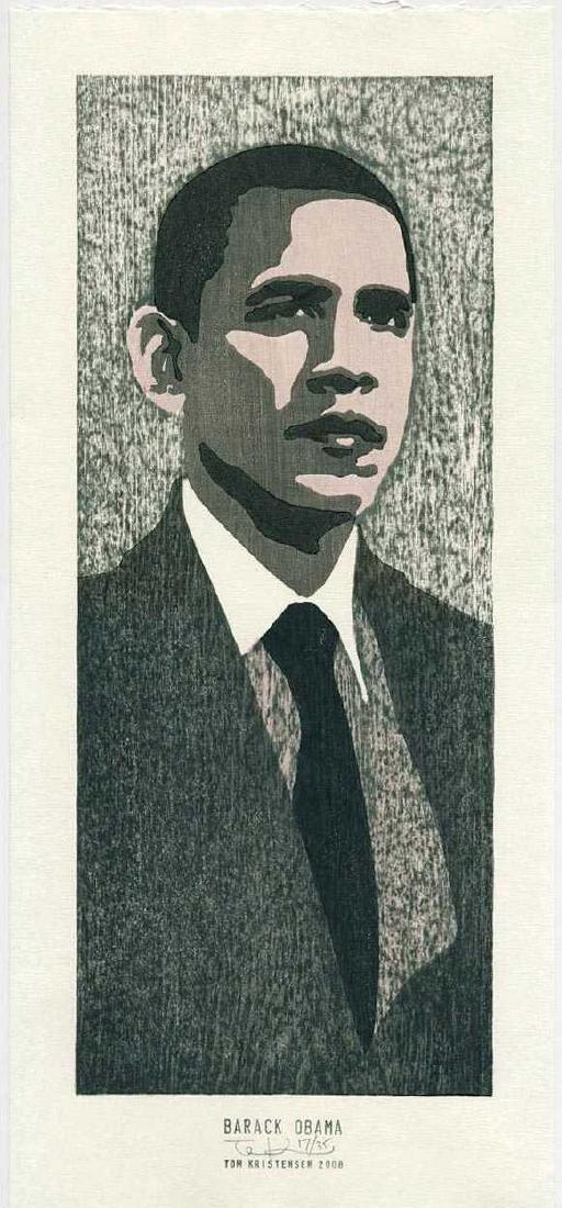 Tom Kristensen Woodblock Barack Obama: Artist: Tom Kristensen (1962-present) Title: "Barack Obama" #25/35 Provenance: Kristensen's Australian studio (photo) Date: 2008 Limited Edition #25/35, pencil-signed by artist. Series: "American Pres