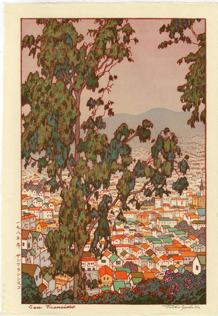 Toshi Yoshida Woodblock San Francisco: Artist: Toshi Yoshida Title: San Francisco Publisher: Yoshida Studio Date: 1971, this later embossed signature edition publised by Yoshida Studio from the original woodblocks Medium: Japanese woodbloc