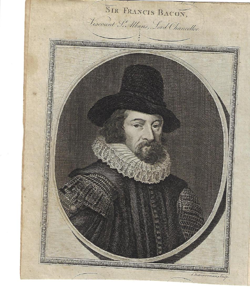 1786 Engraving of Sir Francis Bacon: 1786 Engraving of Sir Francis Bacon, by Bannerman, from Harrison’s History of England, mounted and trimmed. Fine, measures 8 x 9.5”. Please note that this lot has a confidential reserve. When you 