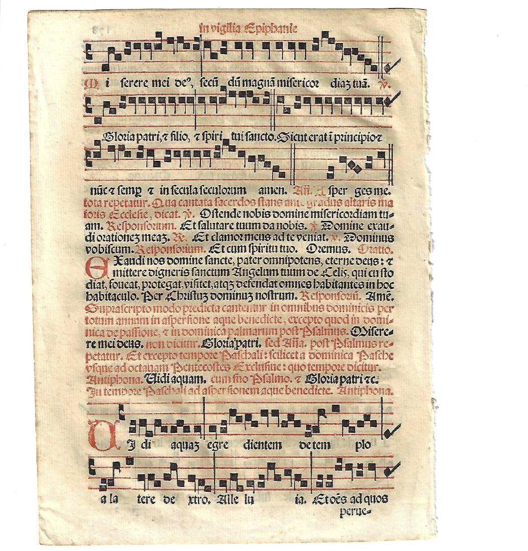 1567 Catholic Hymnal Leaf w/Music: 1567 Catholic hymnal leaf printed in red and black, music both sides, from “Sacerdotal ad Consuetudinem Sacro Sancte…”, printed at Venice by Petri Liechtenstein. Fine, measures 6 x 8.5”. Pleas