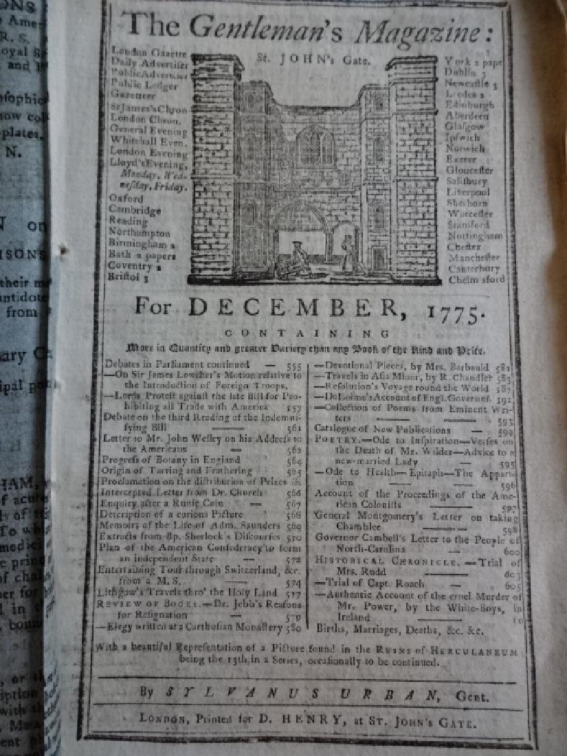 1775 Gentleman's Magazine American Revolution: December 1775 issue of “Gentleman’s Magazine”, printed at London. In ORIGINAL blue advertising wrapper. Extensive content on the American Revolution including a letter to Reverend John Wesley re
