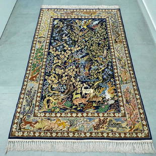 Hand Knotted Animal Kingdom Isfahan Rug 5.5x3.5: Animal Kingdom Isfahan - 5.5 x 3.5 FT - Hand knotted - 1 000 000 kn/m2 - kork wool and silk - collectors item Iran 5.5 x 3.5 FT wool and silk on cotton Please note that this lot has a confidential