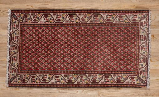 Mir Boteh Design Rug 2.2x3.11: Mir Rug 1950s Woven in the town of Sarabend in West Central Iran. The field has a Boteh design, which is a much-used paisley-like pattern throughout the Orient, probably representing a leaf. It is