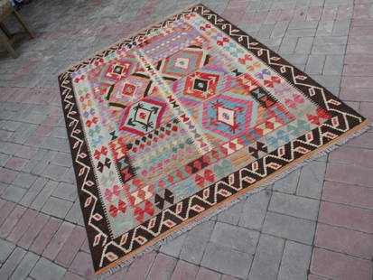 Hand Woven Chobi Kilim Rug 6.8x4.10: This is a stunning vegetable dyed ghazni wool chobi kilim extremely hard wearing and feature a double face design Afghanistan 6.8x4.10 Wool 2017 Please note that this lot has a confidential reserve.