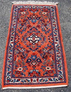 Hand Woven Semi Antique Persian Sarouk Rug 4.3x2.2: Gorgeous design hand woven semi antique Persian Sarouk. Size 4.3 X 2.2 feet, made of fine quality lamb's wool pile on cotton foundation, incorporating a free flowing floral pattern on a rich red