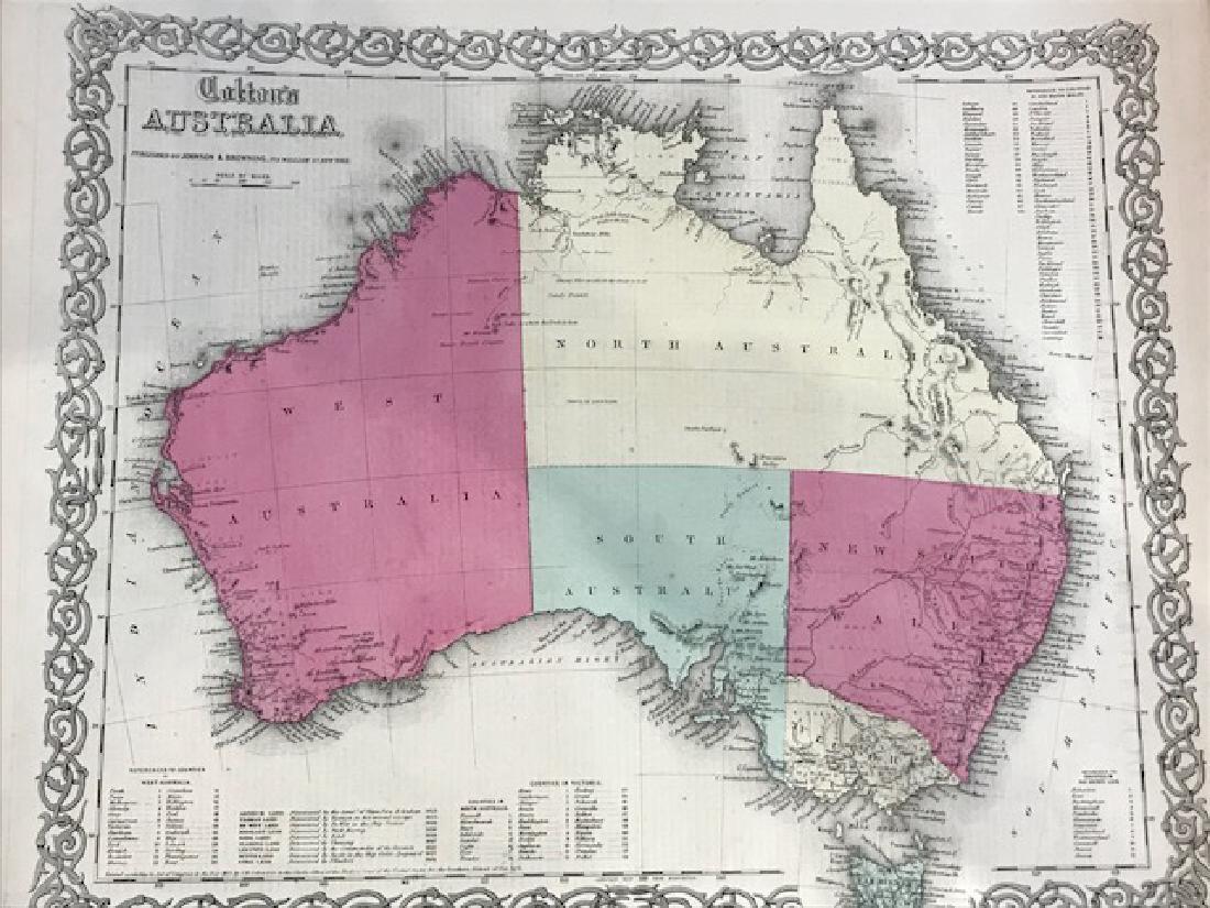 Colton: Antique Map of Australia, 1859: Title/Content of Map: Australia by Colton Date Printed: 1859 Cartographer: H.J. Colton Material/Medium: Paper Size: 17 1/2" x 15" Hand colored engraved Map. Published in New York in 'Colton's General