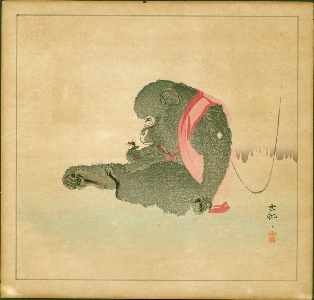 Ohara Koson Woodblock Seated Monkey Watching an Insect (1 of 3)