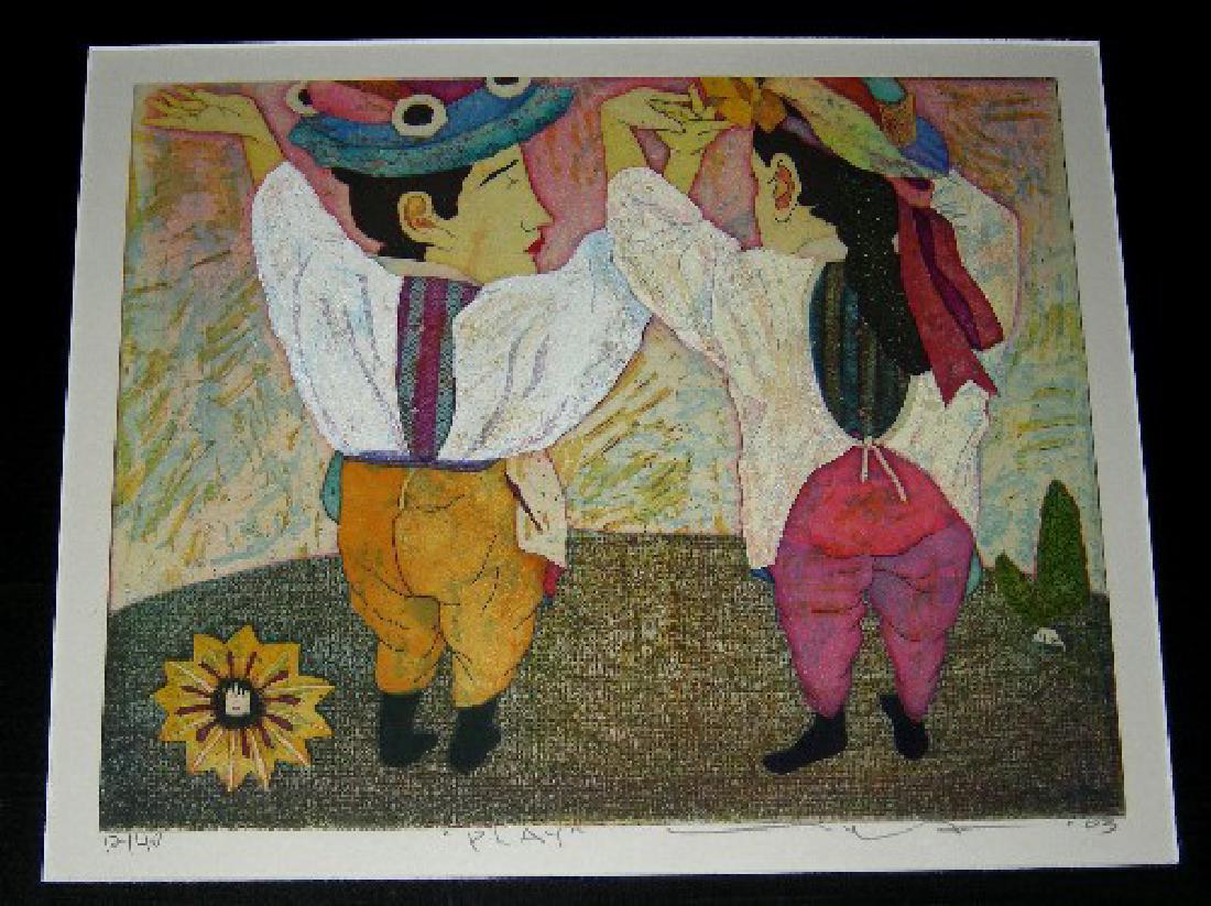 Yuji Hiratsuka Etching Play: Artist: Yuji Hiratsuka Play 12/40 Dated 2003 Small edition chine colle etching This framed etching is 19.25" by 17" In excellent condition. Hiratsuka is a contemporary Japanese artist now teaching in