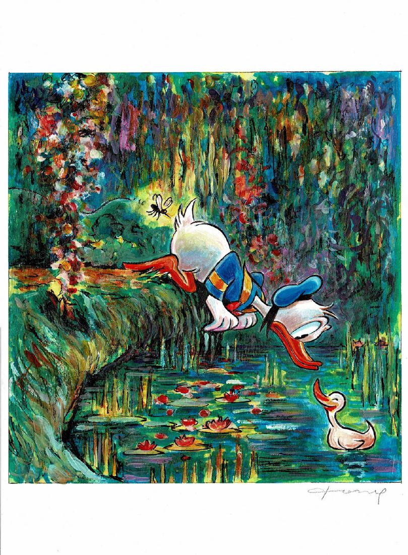 Original Painting - Donald Duck inspired by Monet: Original Painting - Donald Duck inspired by Monet Tony Fernandez Acrylic, Oil, Watercolor, Varnish 11.8 x 17.7 in Disney Outstanding original masterpiece of Donald Duck inspired by Claude Monet's "Rou