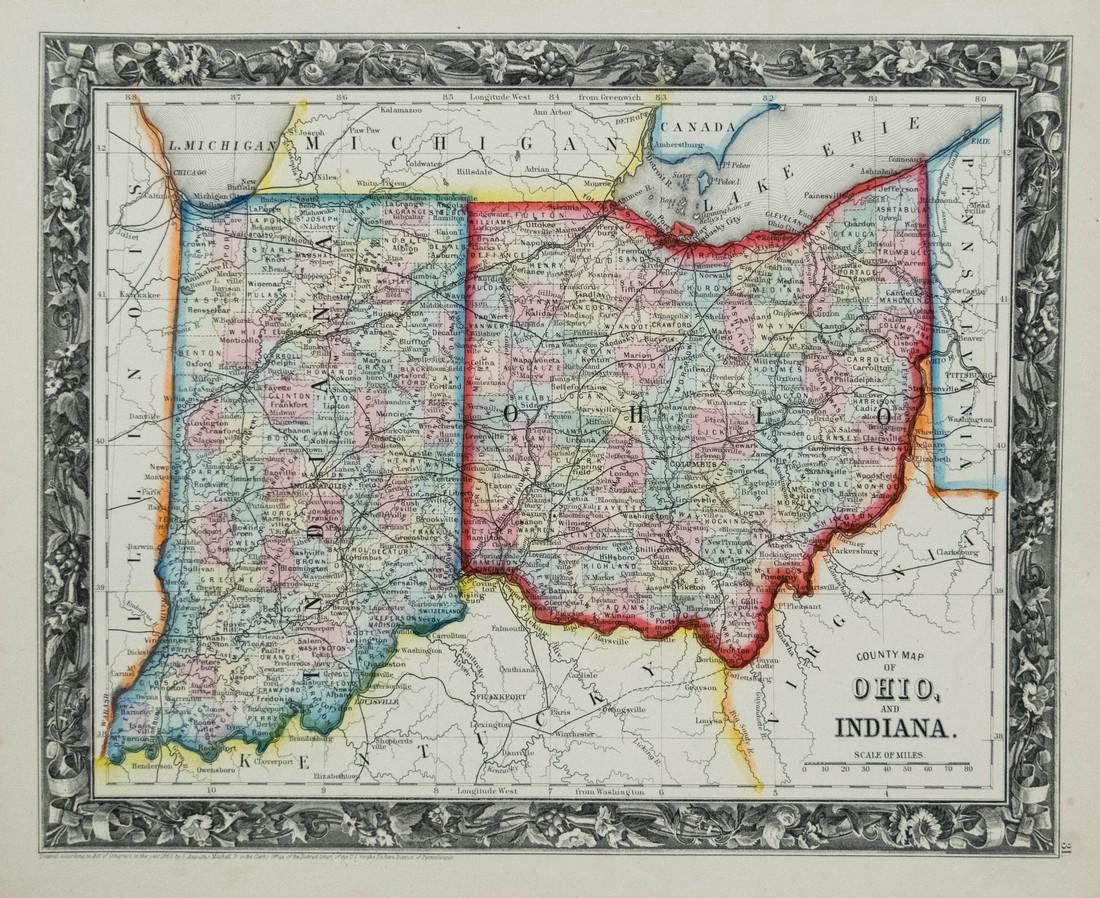 Mitchell: Antique Map of Indiana and Ohio, 1860 (1 of 1)