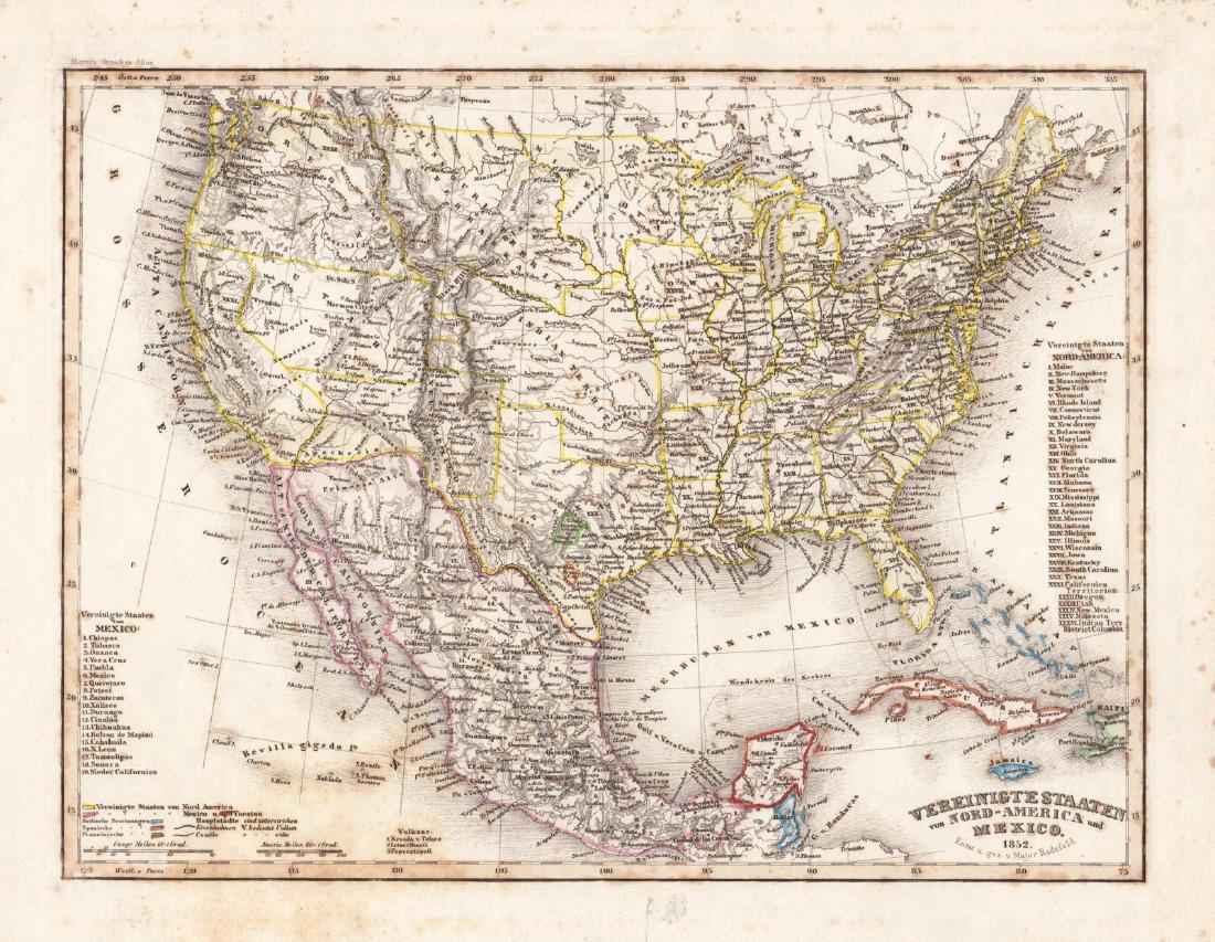 Radefeld/Meyer: Antique Map of U.S. & Mexico, 1852: Vereinigte Staaten von Nord-America und Mexico. A highly detailed map of the United States and Mexico from Meyer's Groschen-Atlas, showing the pre-Gadsen Purchase border between the U.S. and Mexico an