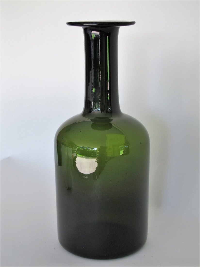 Largest size Holmegaard Gulvase: Title: Largest size Holmegaard Gulvase Maker: Holmegaard Glass Co. Origin: Denmark Date/Period: 1960s Materials: Glass Size: 8.25" dia x 20" Olive green, largest size made of classic "Gulvase" Please