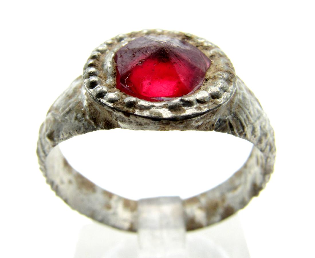 Late Medieval Tudor Pewter Ring with Red Stone (1 of 3)