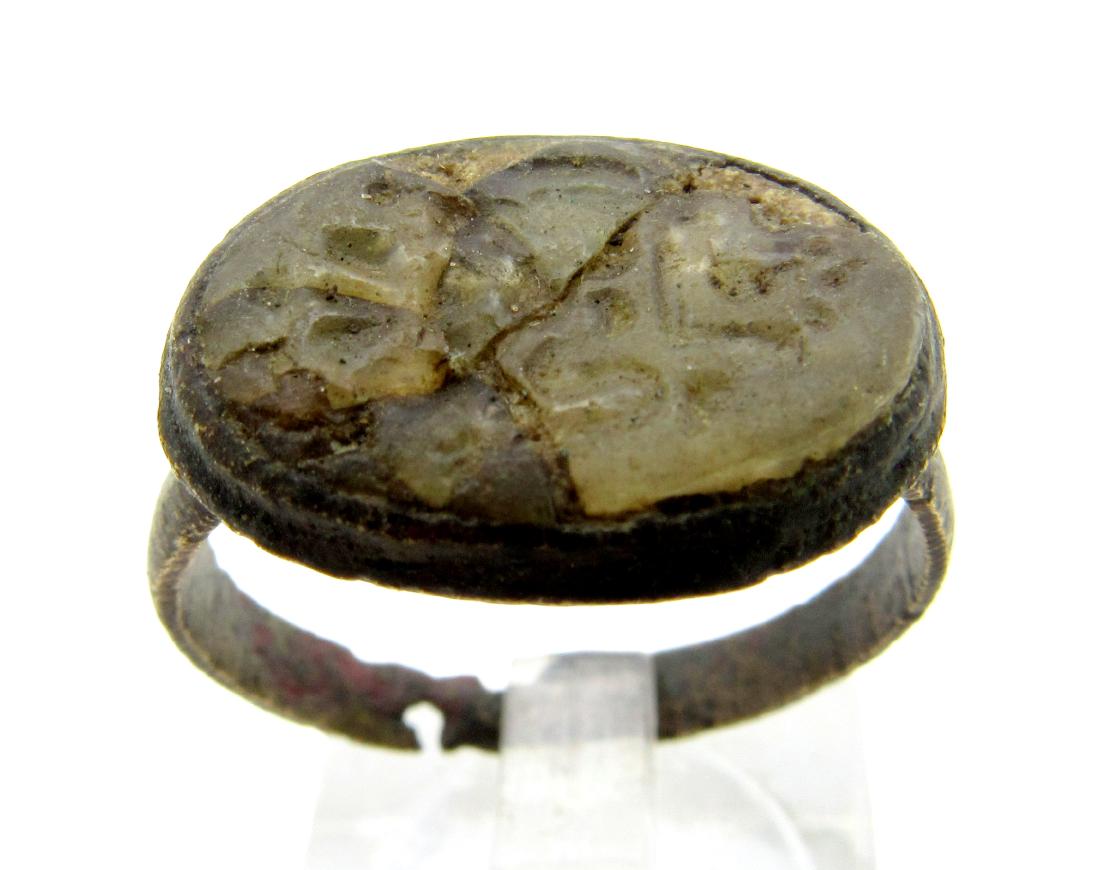 Medieval Crusaders Heraldic Intaglio Stone Ring: Date: Circa 11th – 14th c. AD Material: stone, bronze Provenance/Additional Information: Obtained from an old British collection; Purchased from a private London collector, acquired between 1960-199