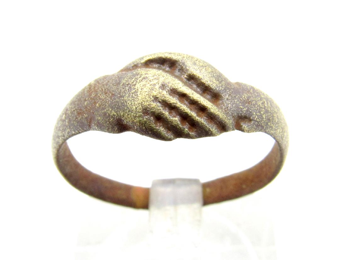 Late Medieval Bronze Ring with Clasped Hands (1 of 3)