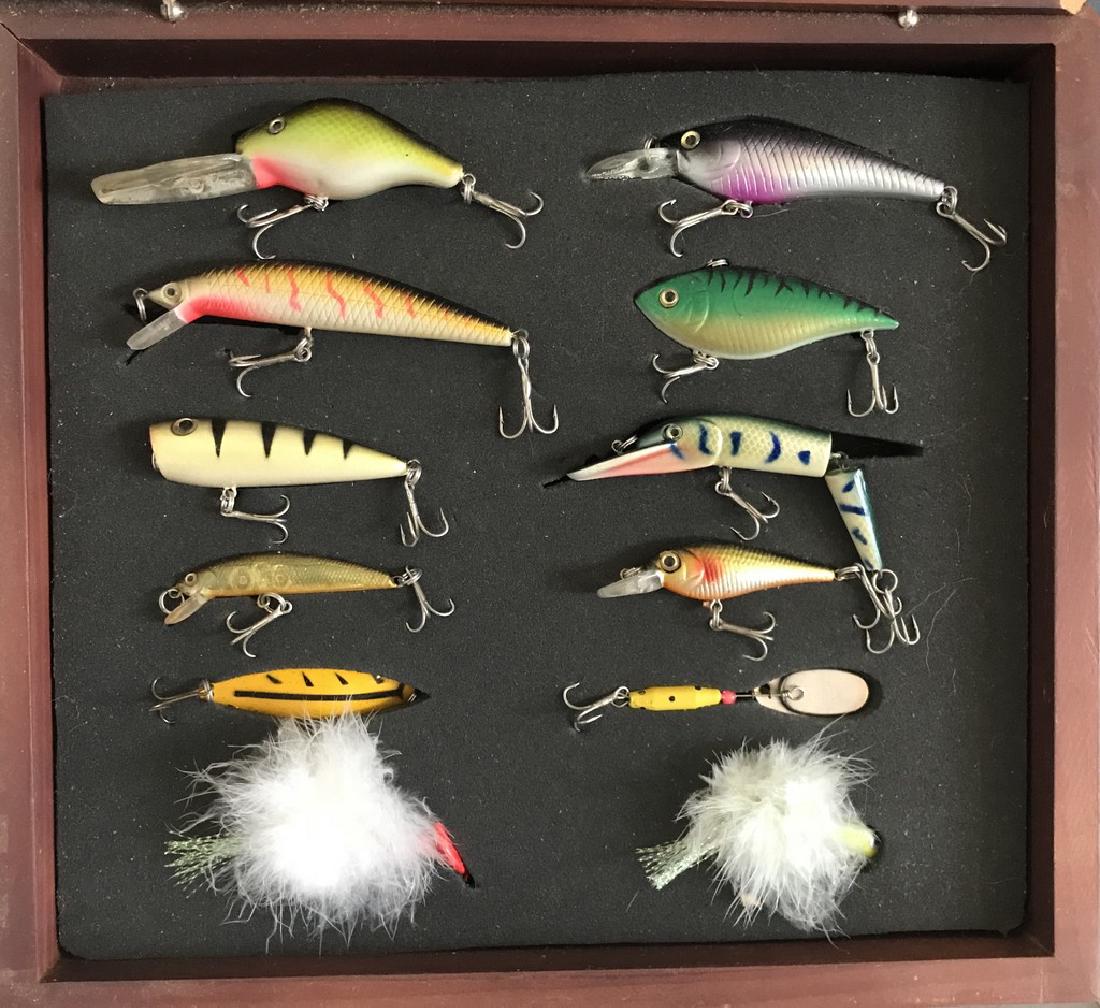 Collection of 12 Fishing Lures in Display Case