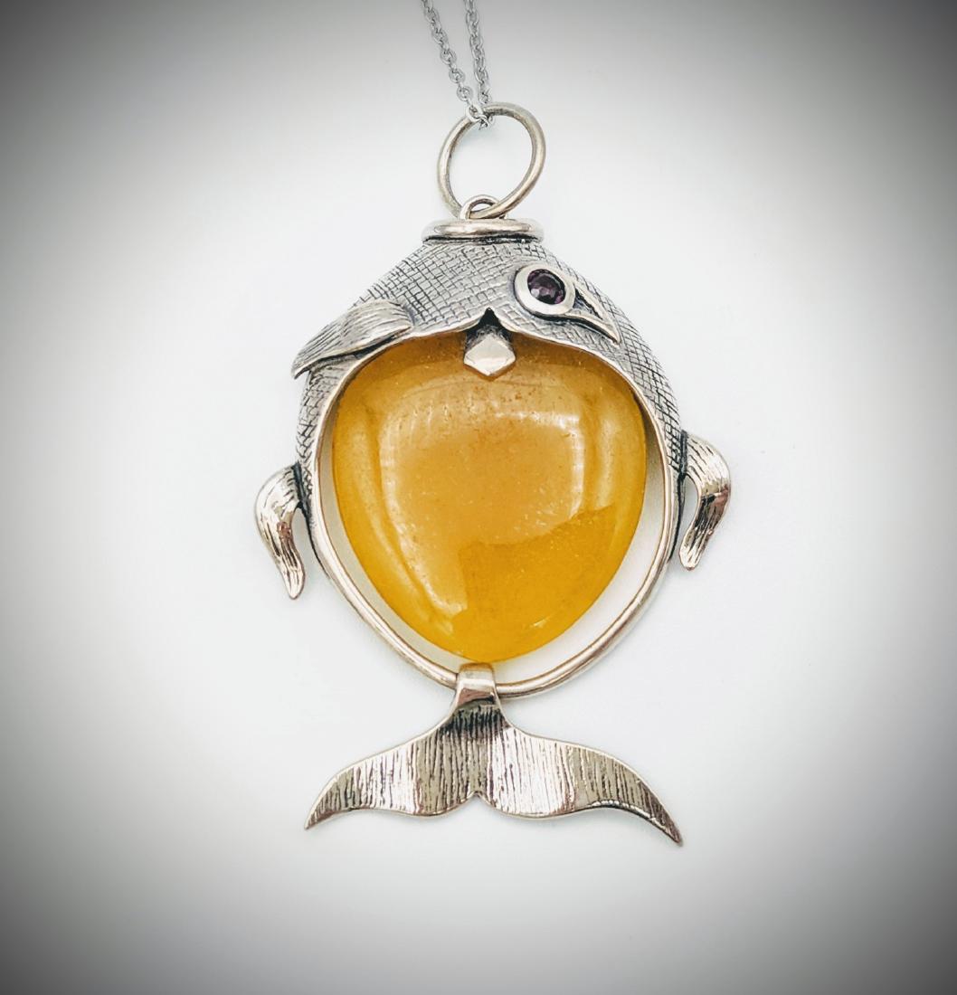 Sterling Silver Jade Amethyst Figural Fish Pendant (1 of 3)