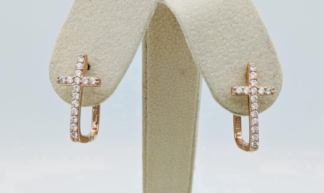 Sterling Silver Rose Gold Plated CZ Cross Earrings: Item: Sterling Silver Rose Gold Plated Cross Earrings with Cubic Zirconia Brand: Jean Lin Collection Metal Purity: 925 Sterling Silver Gemstones: Cubic Zirconia Each Earring has 15 Round Cubic Zirconi