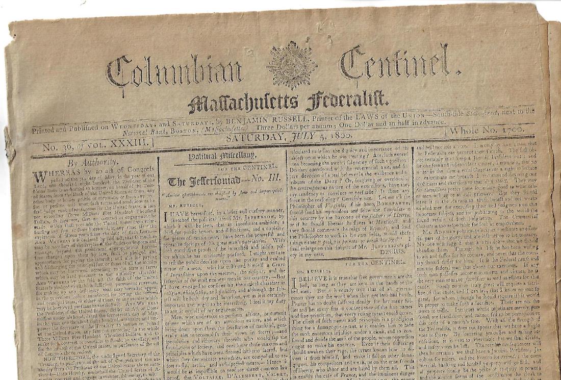 July 5 1800 Federalist Newspaper Anti-Jefferson Ads (1 of 3)